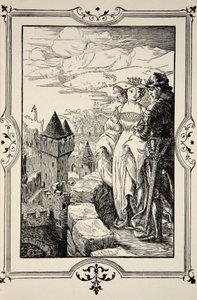 アンヌーレは、ベアトリスクレイ、第1版、1905年の「アーサー王と円卓の物語」のイラストから、胸壁に王を連れてきました 作： Dora Curtis